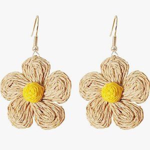 Big Tan Yellow Raffia Flowers Oversized Statement Earrings Wicker Rattan Flower